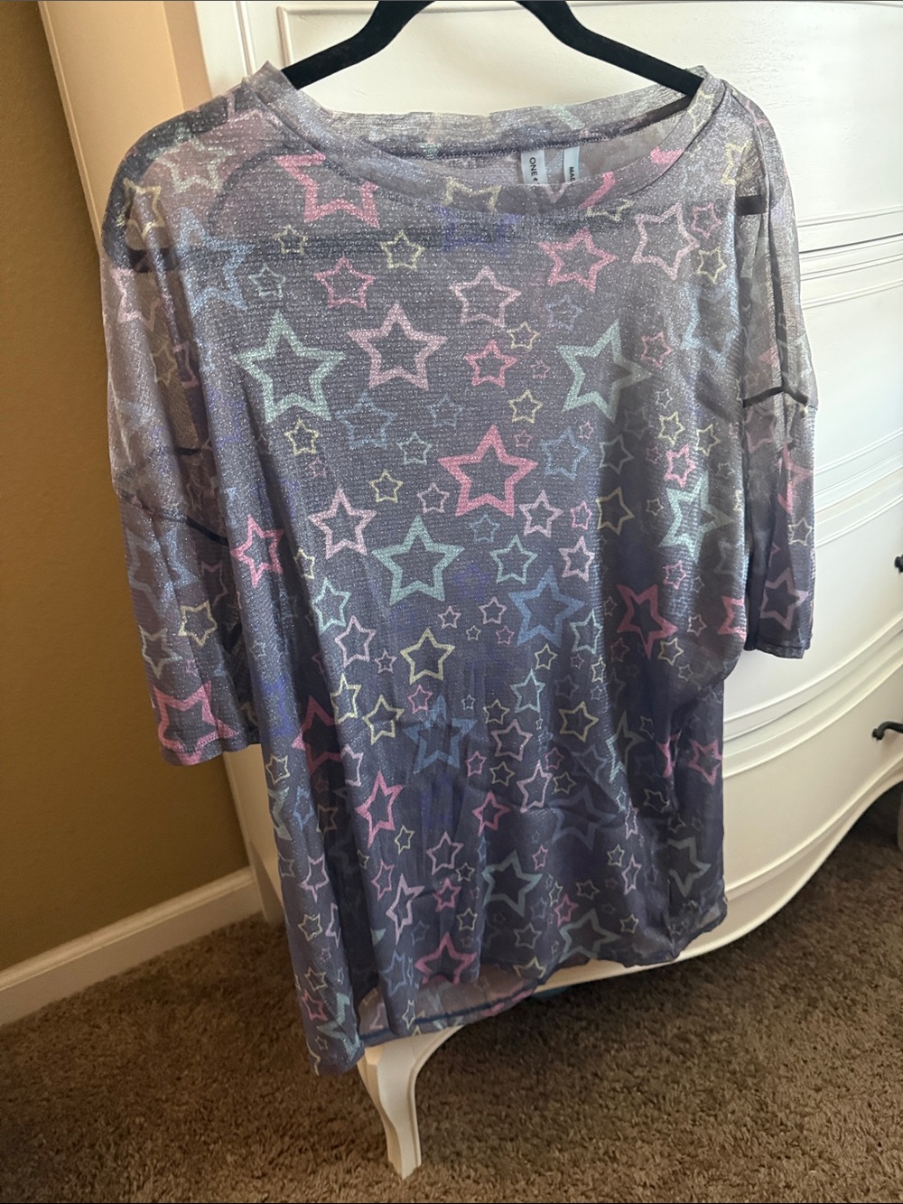 One Teaspoon Shimmery Star Print Top - Pastel Stars on Gray